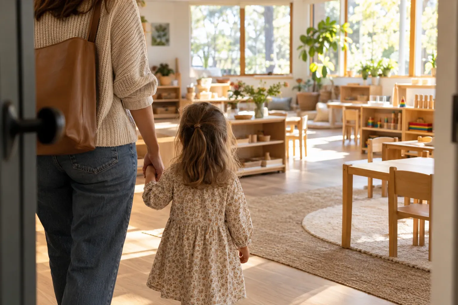 Parent et jeune enfant observant une classe Montessori lumineuse aux étagères basses en bois